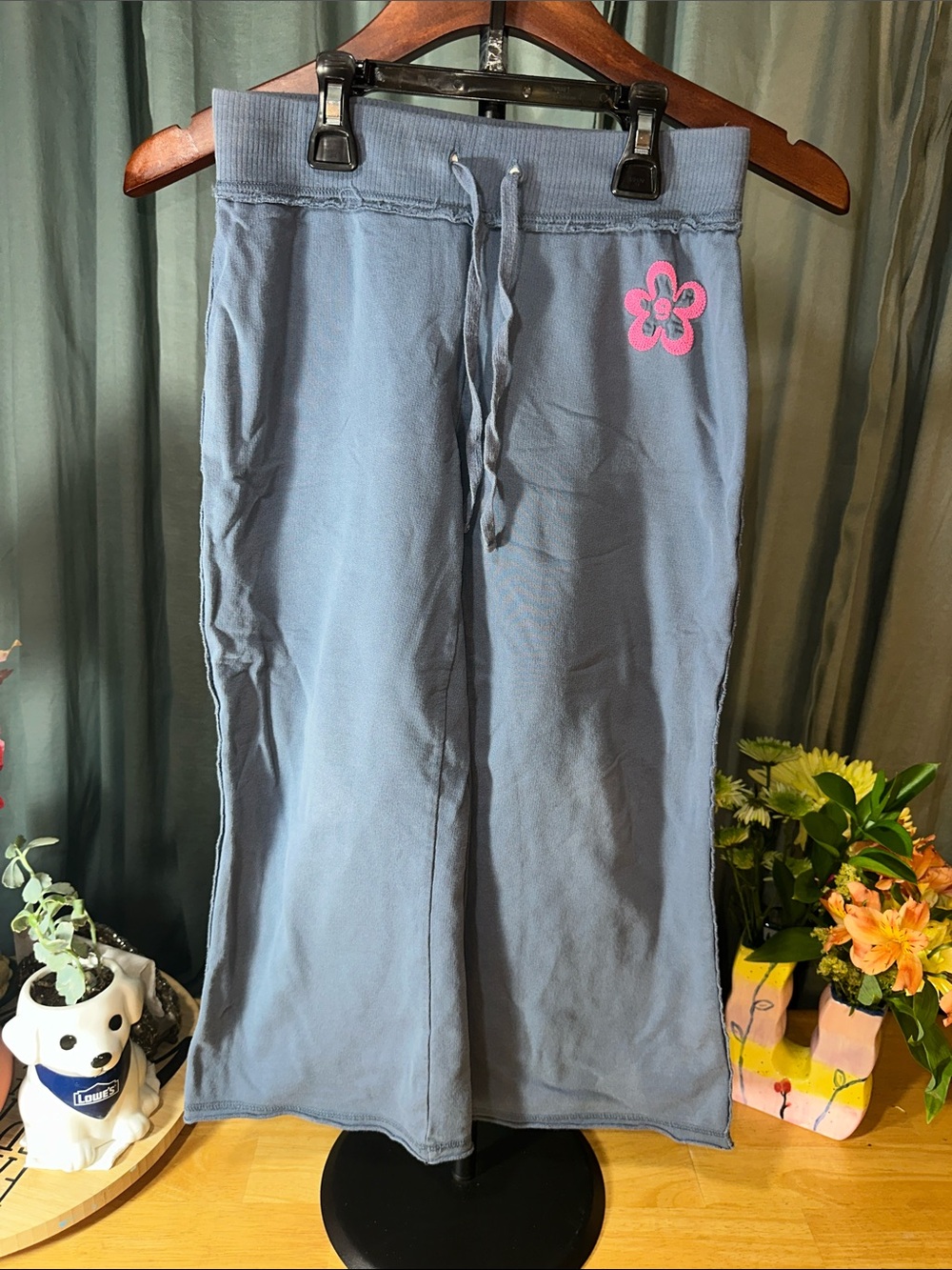 Kids Blue Drawstring Lounge Pants with Pink Flower B311